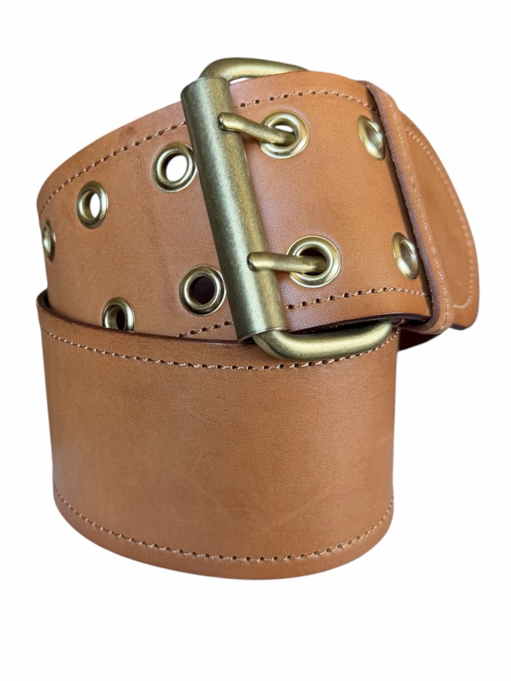 WCM Tan Brown Wide Double Prong Statement Genuine Leather Belt